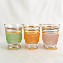 Load image into Gallery viewer, Vintage Mid-Century Clear Shot Glasses w/ Sugar Frosted Rainbow Texture and Gold Bands
