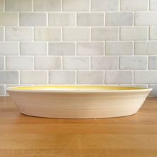 Load image into Gallery viewer, Vintage Sundance ceramic oval divided vegetable dish features a sunny yellow graphic design. Crafted by Franciscan, England, 1972 - 1977. A lovely way to add sunshine to your tableware!  In vintage condition, free from chips.
