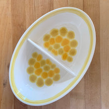 Load image into Gallery viewer, Vintage Sundance ceramic oval divided vegetable dish features a sunny yellow graphic design. Crafted by Franciscan, England, 1972 - 1977. A lovely way to add sunshine to your tableware!  In vintage condition, free from chips.
