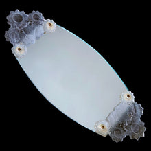 Load image into Gallery viewer, Rare vintage crystal Sunflowers handled mirrored vanity dresser tray. Crafted by Imperial Glass for IRICE Co., 1940s. This tray is absolutely stunning and will add a touch of glamour your bedroom or bath decor.

In excellent vintage condition. The handles are a bit wobbly.

Measures 23 x 9 1/2 inches
