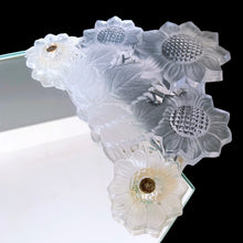 Load image into Gallery viewer, Rare vintage crystal Sunflowers handled mirrored vanity dresser tray. Crafted by Imperial Glass for IRICE Co., 1940s. This tray is absolutely stunning and will add a touch of glamour your bedroom or bath decor.

In excellent vintage condition. The handles are a bit wobbly.

Measures 23 x 9 1/2 inches
