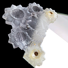 Load image into Gallery viewer, Rare vintage crystal Sunflowers handled mirrored vanity dresser tray. Crafted by Imperial Glass for IRICE Co., 1940s. This tray is absolutely stunning and will add a touch of glamour your bedroom or bath decor.

In excellent vintage condition. The handles are a bit wobbly.

Measures 23 x 9 1/2 inches
