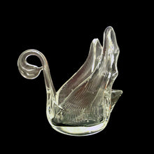 Load image into Gallery viewer, Experience the timeless beauty of this vintage hand blown clear art glass swan bomboniere. Crafted by Chalet Glass, Canada, circa 1970s.  Transform any space with its versatile use as a decoration or as a votive or tealight holder for a warm and inviting atmosphere.  In excellent condition, free from chips.  Measures 4 1/2 x 2 3/4 x 4 inches   
