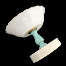 Load image into Gallery viewer, Underside view of vintage Italian milk glass compote dish showing smooth bowl exterior, aqua pedestal stem, and white marble base edge, Italy
