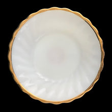 Load image into Gallery viewer, Overhead view of vintage Italian milk glass compote dish showing swirl-patterned interior with soft iridescence and scalloped gold rim, Italy
