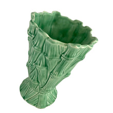 Load image into Gallery viewer, Angled view of vintage SylvaC bamboo trumpet vase #2752, matte green ceramic, showing full profile and flared foot, Shaw &amp; Copestake, England
