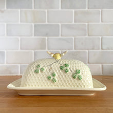 Load image into Gallery viewer, Rare Vintage Sylvia Shamrock Honeycomb Bee Ceramic Lidded Butter Dish, Lefton, Japan
