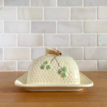 Load image into Gallery viewer, Rare Vintage Sylvia Shamrock Honeycomb Bee Ceramic Lidded Butter Dish, Lefton, Japan

