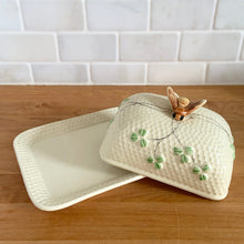 Load image into Gallery viewer, Rare Vintage Sylvia Shamrock Honeycomb Bee Ceramic Lidded Butter Dish, Lefton, Japan
