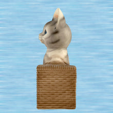 Load image into Gallery viewer, Side view of vintage Japanese tabby cat ceramic bookend, Lefton Enesco style, gray cat on basketweave stand
