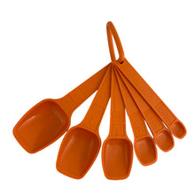 Load image into Gallery viewer, Vintage orange measuring spoon set. Crafted by Tupperware, 1970s.
There are seven spoons ranging from 1/8 teaspoon up to 1 tablespoon and each attaches to a ring to keep them organized. The perfect gift for any Tupperware collector, baker or cook.

In good used condition.

Part numbers range from 1268-4 to 1272-4
