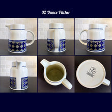 Load image into Gallery viewer, Vintage 32 Ounce Pitcher in the Tangier pattern. Features a Moroccan-style geometric floral pattern in shades of purple, green, and deep blue on a light gray ground. Lambeth Stoneware. Overall excellent condition, free from chips/cracks with normal age-related wear. The exception is the Casserole with a chip to the rim and underside of one handle. Marked &quot;Lambeth Stoneware, Royal Doulton, Tangier, L.S.1005, Made in England, Dishwasher Proof, Detergent Proof, Freezer &amp; Oven Proof, © 1973.
