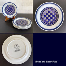 Load image into Gallery viewer, Vintage Bread Butter Plate in the Tangier pattern. Features a Moroccan-style geometric floral pattern in shades of purple, green, and deep blue on a light gray ground. Lambeth Stoneware. Overall excellent condition, free from chips/cracks with normal age-related wear. The exception is the Casserole with a chip to the rim and underside of one handle. Marked &quot;Lambeth Stoneware, Royal Doulton, Tangier, L.S.1005, Made in England, Dishwasher Proof, Detergent Proof, Freezer &amp; Oven Proof, © 1973.
