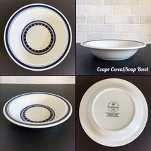 Load image into Gallery viewer, Vintage Coupe Cereal Soup Bowl in the Tangier pattern. Features a Moroccan-style geometric floral pattern in shades of purple, green, and deep blue on a light gray ground. Lambeth Stoneware. Overall excellent condition, free from chips/cracks with normal age-related wear. The exception is the Casserole with a chip to the rim and underside of one handle. Marked &quot;Lambeth Stoneware, Royal Doulton, Tangier, L.S.1005, Made in England, Dishwasher Proof, Detergent Proof, Freezer &amp; Oven Proof, © 1973.
