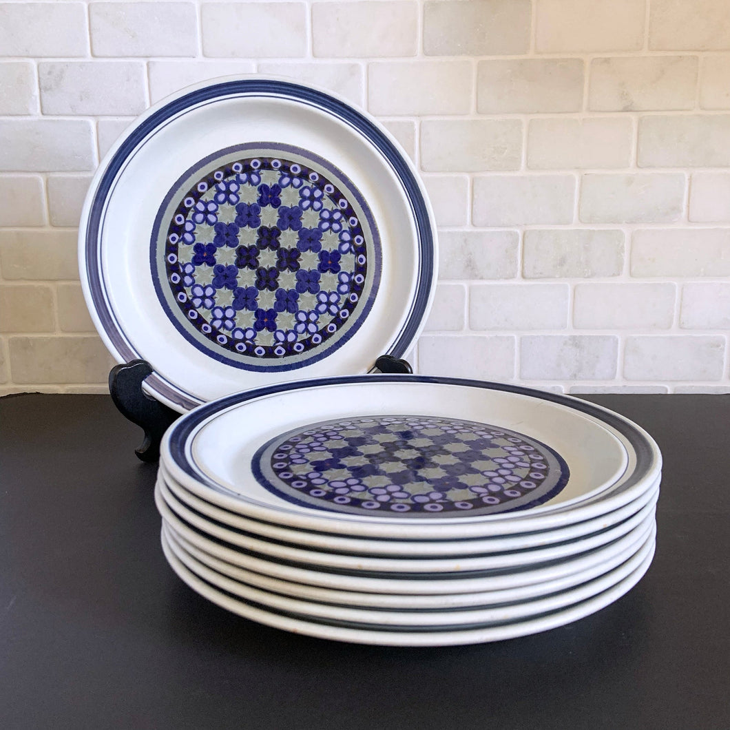 Vintage Dinner Plate in the Tangier pattern. Features a Moroccan-style geometric floral pattern in shades of purple, green, and deep blue on a light gray ground. Lambeth Stoneware. Overall excellent condition, free from chips/cracks with normal age-related wear. The exception is the Casserole with a chip to the rim and underside of one handle. Marked 