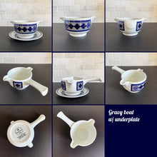 Load image into Gallery viewer, Gravy Boat Underplate in the Tangier pattern. Features a Moroccan-style geometric floral pattern in shades of purple, green, and deep blue on a light gray ground. Lambeth Stoneware. Overall excellent condition, free from chips/cracks with normal age-related wear. The exception is the Casserole with a chip to the rim and underside of one handle. Marked &quot;Lambeth Stoneware, Royal Doulton, Tangier, L.S.1005, Made in England, Dishwasher Proof, Detergent Proof, Freezer &amp; Oven Proof, © 1973.

