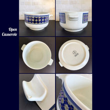 Load image into Gallery viewer, Vintage Open Casserole in the Tangier pattern. Features a Moroccan-style geometric floral pattern in shades of purple, green, and deep blue on a light gray ground. Lambeth Stoneware. Overall excellent condition, free from chips/cracks with normal age-related wear. The exception is the Casserole with a chip to the rim and underside of one handle. Marked &quot;Lambeth Stoneware, Royal Doulton, Tangier, L.S.1005, Made in England, Dishwasher Proof, Detergent Proof, Freezer &amp; Oven Proof, © 1973.
