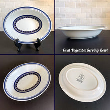 Load image into Gallery viewer, Vintage Oval Vegetable Serving Bowl Dish in the Tangier pattern. Features a Moroccan-style geometric floral pattern in shades of purple, green, and deep blue on a light gray ground. Lambeth Stoneware. Overall excellent condition, free from chips/cracks with normal age-related wear. The exception is the Casserole with a chip to the rim and underside of one handle. Marked &quot;Lambeth Stoneware, Royal Doulton, Tangier, L.S.1005, Made in England, Dishwasher Proof, Detergent Proof, Freezer &amp; Oven Proof, © 1973.
