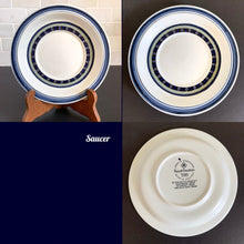 Load image into Gallery viewer, Vintage Saucer in the Tangier pattern. Features a Moroccan-style geometric floral pattern in shades of purple, green, and deep blue on a light gray ground. Lambeth Stoneware. Overall excellent condition, free from chips/cracks with normal age-related wear. The exception is the Casserole with a chip to the rim and underside of one handle. Marked &quot;Lambeth Stoneware, Royal Doulton, Tangier, L.S.1005, Made in England, Dishwasher Proof, Detergent Proof, Freezer &amp; Oven Proof, © 1973.
