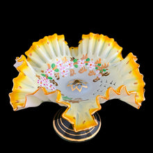 Load image into Gallery viewer, Antique opalescent glass compote featuring graduating of colour from pale to deep yellow, featuring hand painted enamel florals in white, mauve, green and gold with a double crimped gold gilt edge. The applied pedestal is clear green tinged blown glass with gold gilt. Crafted by Tazza Glass, Czechoslovakia, 1920s. A gorgeous piece of early art glass!  In excellent condition, free from chips/wear.  Measures 7 1/2 x 5 inches
