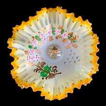 Load image into Gallery viewer, Antique opalescent glass compote featuring graduating of colour from pale to deep yellow, featuring hand painted enamel florals in white, mauve, green and gold with a double crimped gold gilt edge. The applied pedestal is clear green tinged blown glass with gold gilt. Crafted by Tazza Glass, Czechoslovakia, 1920s. A gorgeous piece of early art glass!  In excellent condition, free from chips/wear.  Measures 7 1/2 x 5 inches
