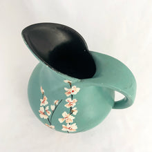 Load image into Gallery viewer, Vintage art deco style teal pitcher vase, hand painted with branches and pink flower blossoms, glazed black on the interior. Produced by Brentleigh Ware, England, circa 1930s. This small pitcher has big style with strong lines!  In great vintage condition, free from chips/cracks/repairs, very minor glaze loss on the rim and handle. Marked &quot;Brentleigh Ware, England 75 Samara&quot;.  Measures 4 1/2 x 5 inches
