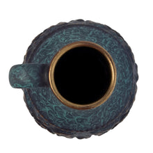 Load image into Gallery viewer, Vintage MCM handled ewer in deep teal, black and the embossed floral pattern in highlighted with gold, on shape 1633-15. Crafted by Jasba, West Germany, 1960s. A wonderful piece of mid-century era art pottery to enhance your home&#39;s decor.

In good vintage condition. Minor chip on the floral embossing, no cracks.

Measures 4 1/2 x 6 inches
