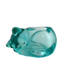 Load image into Gallery viewer, Front view of vintage teal green sleeping cat votive candle holder by Indiana Glass, 1980s
