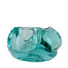 Load image into Gallery viewer, Rear view of Indiana Glass teal green sleeping cat votive, showing glass texture
