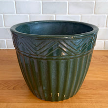 Load image into Gallery viewer, Vintage teal blue drip glaze ceramic jardiniere planter featuring ribbed body with chevron band at the rim. Crafted by Robinson Ransbottom Pottery Co., 1960s. A beautiful piece to add to your art pottery collection!

In vintage condition, no chips/cracks/repairs. There are scrapes to the finish, but they may have occurred during the manufacturing process, see photos. Maker&#39;s marks.

Measures 7 1/4 x 5 3/4 inches
