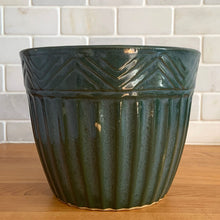 Load image into Gallery viewer, Vintage teal blue drip glaze ceramic jardiniere planter featuring ribbed body with chevron band at the rim. Crafted by Robinson Ransbottom Pottery Co., 1960s. A beautiful piece to add to your art pottery collection!

In vintage condition, no chips/cracks/repairs. There are scrapes to the finish, but they may have occurred during the manufacturing process, see photos. Maker&#39;s marks.

Measures 7 1/4 x 5 3/4 inches

