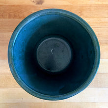 Load image into Gallery viewer, Vintage teal blue drip glaze ceramic jardiniere planter featuring ribbed body with chevron band at the rim. Crafted by Robinson Ransbottom Pottery Co., 1960s. A beautiful piece to add to your art pottery collection!

In vintage condition, no chips/cracks/repairs. There are scrapes to the finish, but they may have occurred during the manufacturing process, see photos. Maker&#39;s marks.

Measures 7 1/4 x 5 3/4 inches
