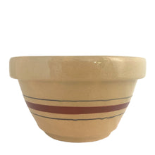 Load image into Gallery viewer, Vintage &quot;Terra&quot; red and blue striped salt glazed stoneware 8 inch, 2 quart mixing bowl. Crafted by Robinson Ransbottom, USA,&nbsp;1980s. A beautiful piece offering a nostalgic vibe to your kitchenware and decor!  In excellent condition, no chips/cracks/repairs. Marked &quot;ROBINSON RANSBOTTOM Roseville, Ohio U.S.A., Sh Mixing Bowl 8&quot; / 2 qt.&quot;  Measures 8 x 4 5/8 inches
