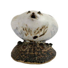 Load image into Gallery viewer, Front view of Tessa Kidick studio pottery bird sculpture showing, white and grey speckled glaze over hand-built form on dark textured oval base, Canada 1970s
