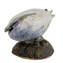 Load image into Gallery viewer, Right-side profile view of Tessa Kidick studio pottery bird sculpture with prominent hand-formed beak, white and blue-grey matte glaze, on dark crackle-textured stoneware base, Canada 1970s
