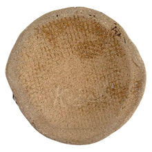 Load image into Gallery viewer, Unglazed stoneware base of Tessa Kidick studio pottery bird sculpture showing Kidick's signature, burlap-impressed texture and natural fired clay, Canada 1970s
