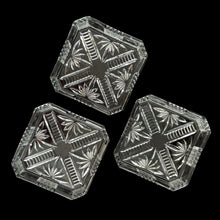 Load image into Gallery viewer, Vintage Art Deco 3-part relish tray featuring ribbed and curled bakelite handles and round feet, removable square cut glass inserts, with chrome-plated spoons and knife. Crafted by Zimco, England, 1950s. The epitome of elegance in entertaining for table or bar.

In excellent vintage condition no chips. There is discolouration on the paper under the glass in the tray, but it can easily be replaced.

Measures 14 x 4 3/4 x 1 3/4 inches, each glass insert measures 3 7/8 x 3 7/8 x 1 inches
