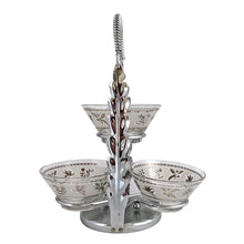 Load image into Gallery viewer, A super cool piece of mid-century history in this Hollywood regency style 3-tier chrome relish or snack caddy featuring a leaf medallion and spring handle, with three glass bowls with a pattern of silver birds and botanicals on a frosted band and silver ric rac detail below the rim. Crafted by the Libbey Glass Company, USA, circa 1960s. Wow your guests with this fabulous and practical serving piece for condiments, bar snacks or sundae toppings!
