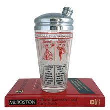 Load image into Gallery viewer, Vintage mid-century glass cocktail shaker featuring 6 classic cocktail recipes in black with illustrated figures in red on a frosted panel, accented with a border of red stripes with &quot;A Votre Santé • Salud • To Your Health • Skol&quot; in white, topped with chrome lid. Reclaim the pleasure of being your home&#39;s star mixologist...no Googling required!

In excellent condition, no chips/cracks. The colours of the printing remain vibrant. Wear commensurate with age.

Measures 3 1/4 x 7 inches

Capacity 16 ounce
