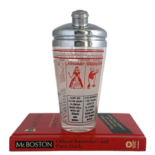 Load image into Gallery viewer, Vintage mid-century glass cocktail shaker featuring 6 classic cocktail recipes in black with illustrated figures in red on a frosted panel, accented with a border of red stripes with &quot;A Votre Santé • Salud • To Your Health • Skol&quot; in white, topped with chrome lid. Reclaim the pleasure of being your home&#39;s star mixologist...no Googling required!

In excellent condition, no chips/cracks. The colours of the printing remain vibrant. Wear commensurate with age.

Measures 3 1/4 x 7 inches

Capacity 16 ounce
