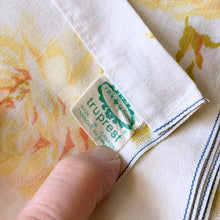 Load image into Gallery viewer, Jacks Daughter of All Trades Vintage Retro Store Shop Reseller Etsy Shopify Toronto Canada Free Porch Pick Up Local Delivery Worldwide Shipping Judy Weinberg Unique Gift Home Decor Farmhouse Cottagecore Cottage Feminine Shabby Chic Bedroom Truprest yellow Rose Romance poly cotton queen size flat bed sheet yellow roses trim Texmade Canada 1970s crafting quilting dressmaking

