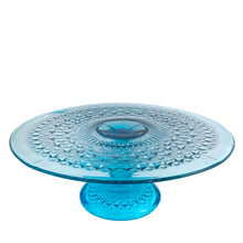 Load image into Gallery viewer, Full view of vintage 1960s Diamonds and Buttons turquoise blue glass cake stand by HSG Ząbkowice Poland, excellent condition
