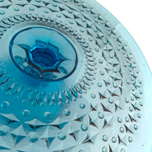 Load image into Gallery viewer, Close-up of Diamonds and Buttons pressed glass pattern on vintage HSG Ząbkowice turquoise blue cake stand

