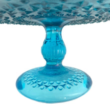 Load image into Gallery viewer, Vintage HSG Ząbkowice cake stand in turquoise blue pressed glass — detail of pedestal base and stem
