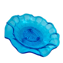 Load image into Gallery viewer, Vintage turquoise Jacobean pressed glass shallow 3 footed bowl features a smooth ruffled edge, thumbprint design and starburst centre. Crafted by Davidson Mayers, England, 1930s. A lovely bowl for candies, trinkets or unique decor.   In excellent condition, no chips.  Measures 9 x 2 3/4 inches
