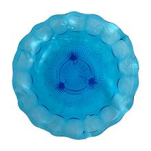 Load image into Gallery viewer, Vintage turquoise Jacobean pressed glass shallow 3 footed bowl features a smooth ruffled edge, thumbprint design and starburst centre. Crafted by Davidson Mayers, England, 1930s. A lovely bowl for candies, trinkets or unique decor.   In excellent condition, no chips.  Measures 9 x 2 3/4 inches
