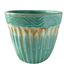Load image into Gallery viewer, Robinson Ransbottom turquoise drip glaze stoneware jardiniere planter, 1960s – front view
