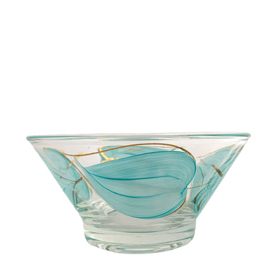 Super funky vintage clear glass dip bowl featuring a hand painted turquoise and gold gilt leaf motif. Crafted by Anchor Hocking, USA, 1960s. Perfect for your next party, movie night, game night or get-together.  The glass is in excellent over condition, no chips, minor wear   Measures 5 1/8 x 2 1/2 inches