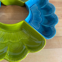 Load image into Gallery viewer, Vintage mid-century set of turquoise and blue lazy susan outer curved dishes. Works beautifully with your favourite centre bowl, or use as a stand-alone serving dishes for nuts, candies or your favourite snacks. Crafted by California Pottery, USA, circa 1950s. Shape L69. Add some Tiki style to your gathering!  In good vintage condition. One section has a small chip, see photo.

