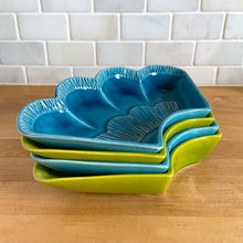 Load image into Gallery viewer, Vintage mid-century set of turquoise and blue lazy susan outer curved dishes. Works beautifully with your favourite centre bowl, or use as a stand-alone serving dishes for nuts, candies or your favourite snacks. Crafted by California Pottery, USA, circa 1950s. Shape L69. Add some Tiki style to your gathering!  In good vintage condition. One section has a small chip, see photo.
